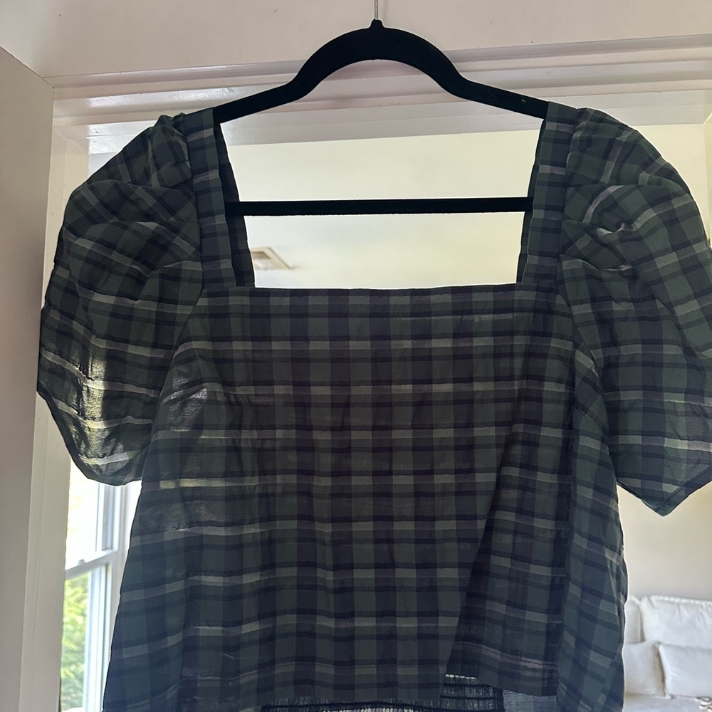 Madewell Plaid Puff cropped Sleeve Top- S